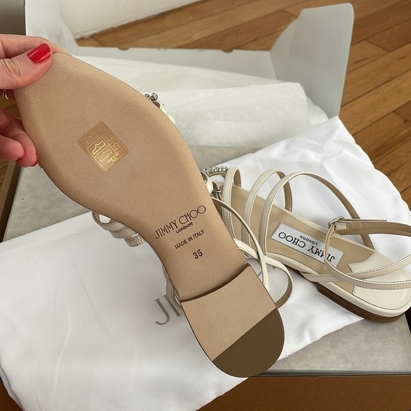 NWT JIMMY CHOO Maesie Embellished Leather Sandals Cream Ecru White Crystal - 5 - Picture 12 of 14